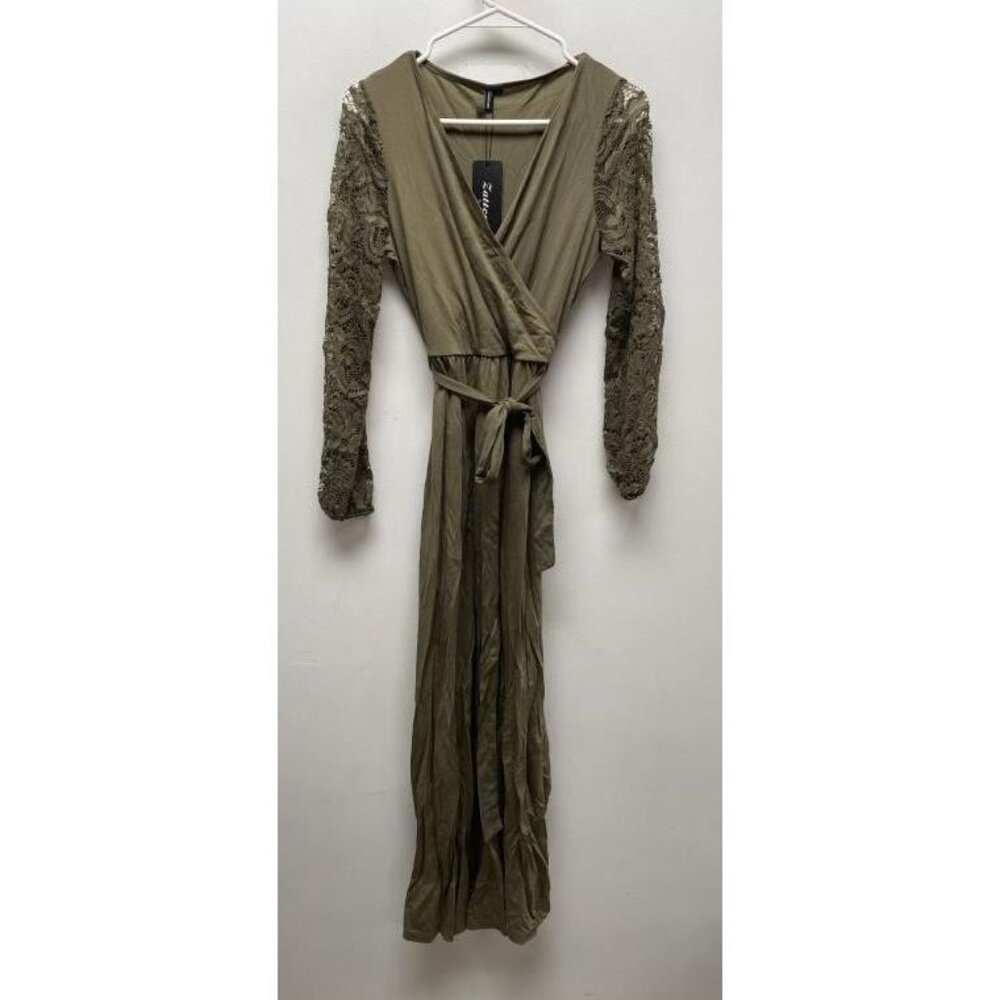 NEW Zattcas Full Length Green Cotton Dress with Lace Long Sleeve sz Small